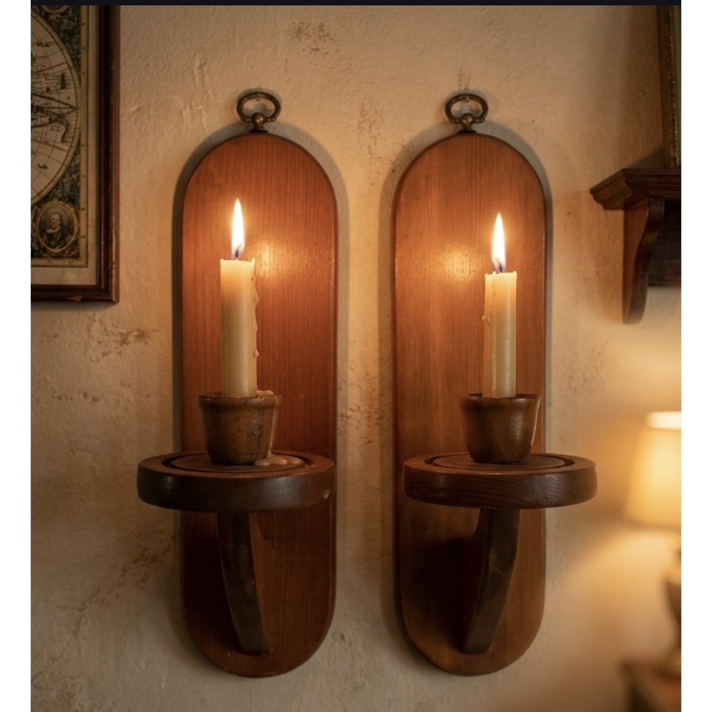 Wooden Taper Candle Sconces Set of (2) Vintage Vermont by Putney Basketville